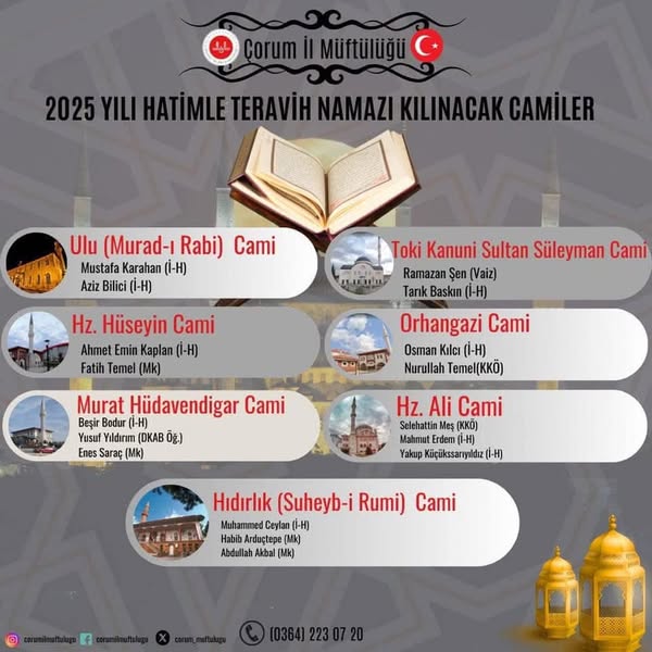 ÇORUM’DA 7 CAMİ’DE HATİMLE  TERAVİH NAMAZI KILINACAK